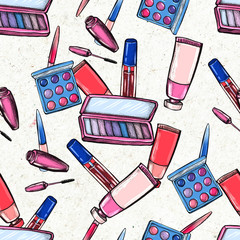 Make up seamless pattern. Hand drawn beauty background.