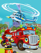 © honeyflavour - cartoon scene with fireman vehicle on the road driving through the city and fireman standing near by - illustration for children