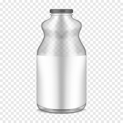 Clear glass bottle with lid and blank label on transparent background, vector mockup. Empty packaging container for juice, milk and other drinks, mock-up