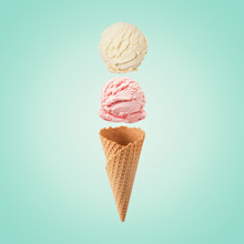 Creative Composition Made With Ice Cream Scoopes And Ice Cream Cone On Bright Background. Minimal Food Styling Concept.