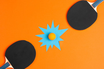 Wall Mural - Ping pong equipment. Two rackets and ball, top view