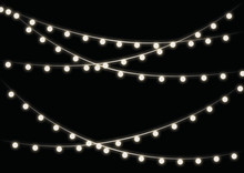Circle White Garlands, Festive Decorations. Glowing Christmas Lights Isolated On Transparent Background.