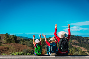 happy family-mother with son and daughter-enjoy travel in nature