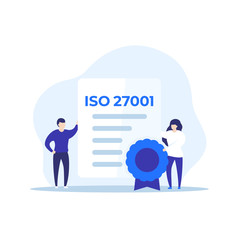 Poster - ISO 27001 certificate and people, vector