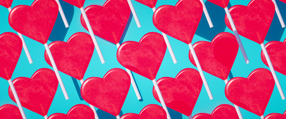 Wall Mural - Red and blue heart shape lollipop pattern Valentine day background. 3d rendering.