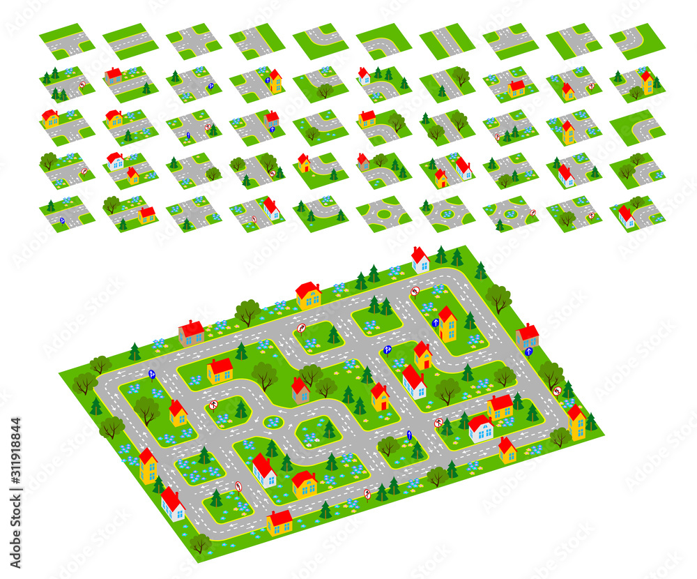 Stockvector Set of 3d isometric tileset for creating video game with ...