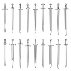 Wall Mural - Set of simple monochrome images of medieval short swords drawn by lines.