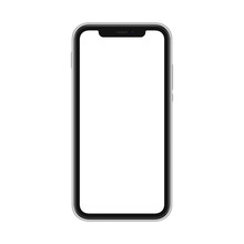 Frameless Smartphone Mock Up Isolated On White Background. Cell Shape With Eyebrow For Selfie Camera And Sensors
