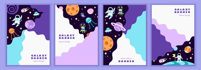 Wall Mural - set of cartoon colorful templates for flyers, banners, covers, posters. space, planets and stars. fl