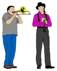 Wall Mural - Men with trombone and clarinet at concert. Isolated silhouettes of musicians on white background