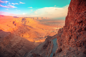 Wall Mural - View of the mountain desert from the fortress Masada, Israel. Walkway to King Herod's Palace