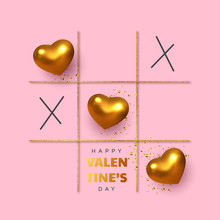 Valentine's Day Concept. Tic Tac Toe Game With Criss Cross Metallic Golden Hearts And X Sign. Glitter Line, Flat Pink Background. Vector.