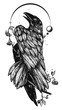 Hand drawn illustration with a Raven or Crow. Tattoo stencil style. Gothic drawing with a bird and dry branch of berries.