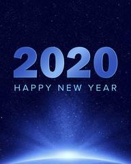 Wall Mural - 2020 happy new year greeting card with glowing planet and stars in space background