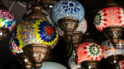 Traditional handmade Turkish lanterns hanging in souvenir shop.  