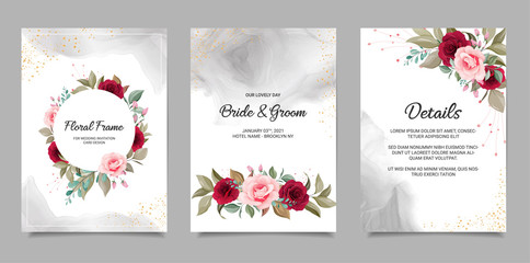 Wall Mural - Elegant wedding invitation card template set with floral frame and fluid background. Roses and leaves botanic illustration for background, save the date, invitation, greeting card, poster vector