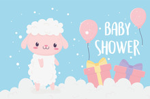 Baby Shower Cute Little Sheep In Clouds With Gifts And Balloons