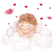 Watercolor Illustration For Valentines Day, Cute Cupid With Hearts, Clouds, Hand Draw  Element, Isolated On White Background