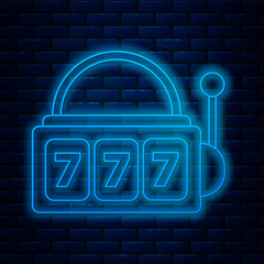 Glowing neon line Slot machine with lucky sevens jackpot icon isolated on brick wall background. Vector Illustration