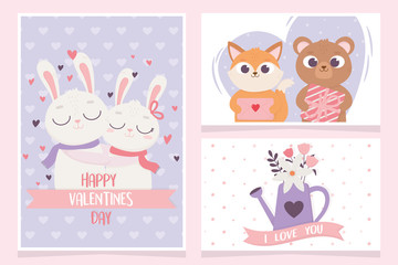 Wall Mural - happy valentines day greeting cards rabbit bear and cat gift flowers love