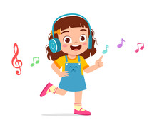 Happy Cute Kid Girl Listen To Music
