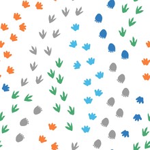 Seamless Repeat Pattern With Different Shape Colorful Dinosaur Foot Prints Tracks On A White Background. Great For Boys' And Kids' Designs!