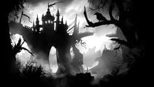 A Ruined Castle On A Rock In The Middle Of A Dark, Sinister Forest, A Ruined Bridge Between Two Towers, And In The Foreground Old Withered Trees, Behind Sharp Rocks. Everything Is Shrouded In Fog.
