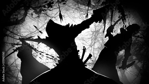The agile nimble killer breaks through the ranks of the bandits, inflicting fatal blows, dodging arrows Wallpaper Mural
