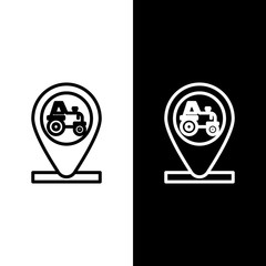 set line tractor and location icon isolated on black and white background. vector illustration