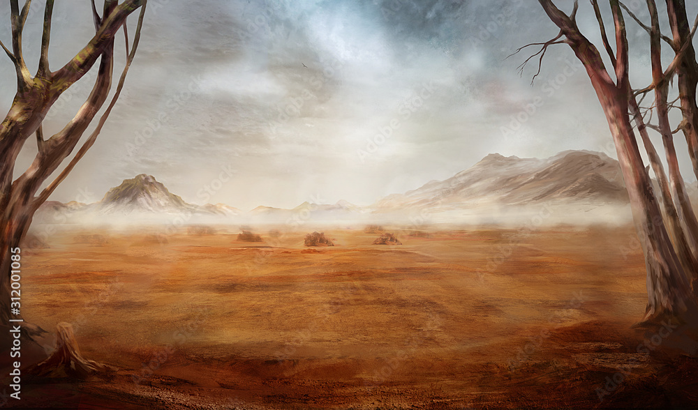 Fantasy desert landscape with hills and clouds of dust - obrazy, fototapety, plakaty 