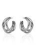 Subject shot of a pair of steel stud earrings isolated on the white background with reflexion. Each earring is made in the form of a triple unlocked hoop.