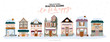 Collection of cute winter house, shop, store, cafe and restaurant isolated on white background. Christmas holiday season. Flat vector illustration in trendy scandinavian style. European city