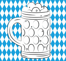 Mug Of Beer. Oktoberfest. Icon In Simple Style. Isolated On A Traditional Bavarian Background. Blue And White Background Of Diamonds In Checkerboard Pattern.