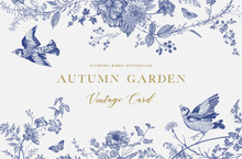 Autumn Garden. Vector Horizontal Card. Flowers, Birds, Butterflies. Blue And White. Toile De Jouy
