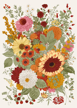 Autumn Bouquet. Flowers, Berry, Leaves. Vector Vintage Illustration. 
