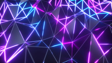 Abstract Low Polygonal Black Surface Glowing At The Edges. 3d Illustration Technology Motion Background. Segments Of A Triangle. Ultraviolet Neon Wireframe Lines In Blue Violet Color Spectrum.