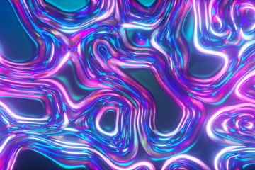 Abstract glowing 3d render holographic oil surface background, foil wavy surface, wave and ripples, ultraviolet modern light, neon blue pink spectrum colors. 3d illustration