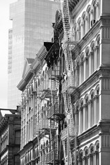 Sticker - SoHo architecture NY. Vintage filtered black and white tone.