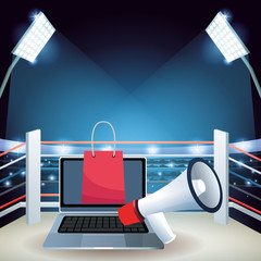 Canvas Print - Laptop computer with shopping bag and megaphone over boxing ring background