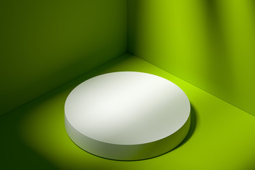 Wall Mural - Premiere Concept. White Modern Round Showcase with Copy Space on Pedestal. Light Green Background. 3d rendering.