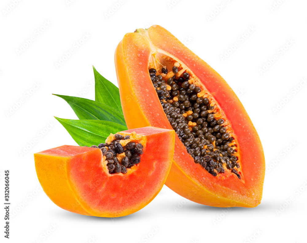 Piece of ripe papaya fruit with seeds isolated on white - obrazy, fototapety, plakaty 