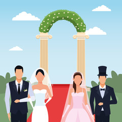 Sticker - just married couples standing over floral arch and landscape background