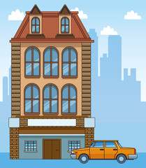 Poster - classic building and car over city urban scenery, colorful design