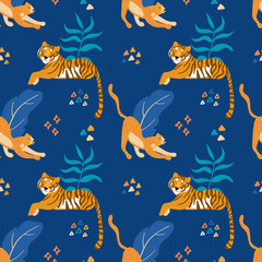 Aufkleber - Tigers and jaguars. Vector hand drawn seamless pattern. Ornament with predators. Wild cats background.