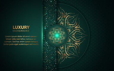 Luxury green background with mandala style shapes a combination golden ornament decoration. Elegant vector design template for cover, banner, wedding invitation, card, business, advertising, wallpaper