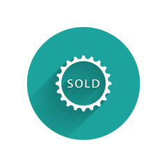 Sticker - White Sold label icon isolated with long shadow. Green circle button. Vector Illustration