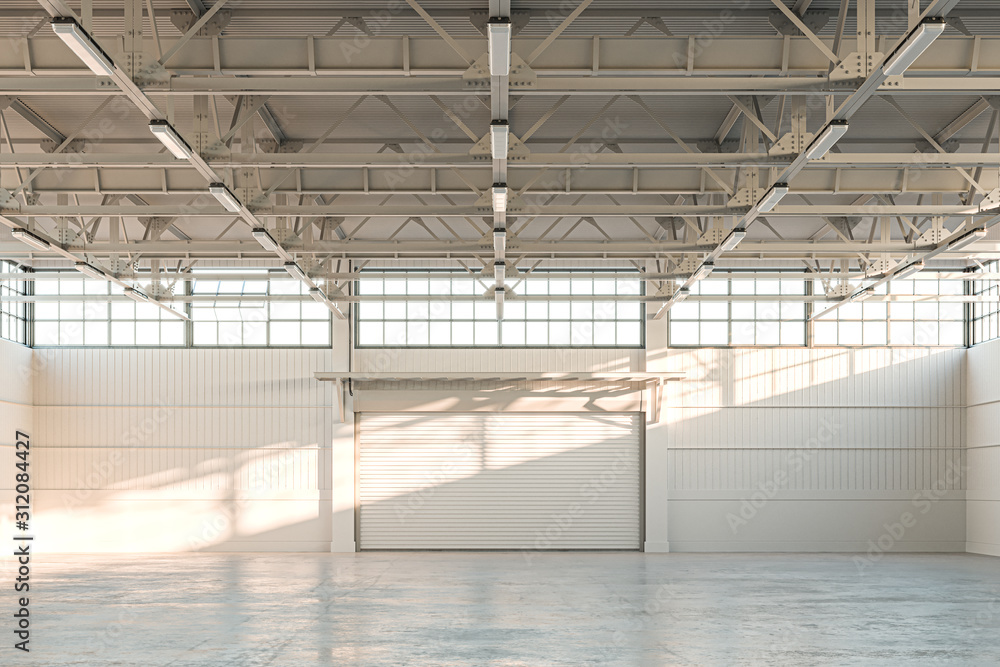 Empty Hangar, Empty Factory Interior or Empty Warehouse With Roller Shutter Door and Concrete Floor. 3d rendering - obrazy, fototapety, plakaty 