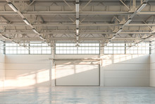 Empty Hangar, Empty Factory Interior Or Empty Warehouse With Roller Shutter Door And Concrete Floor. 3d Rendering