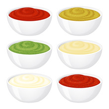 Set Of Sauces On White Background. Cartoon Style. Vector Illustration. Isolated On White. Object For Packaging, Advertisements, Menu. Ketchup, Mayonnaise, Mustard, Wasabi, Sour Cream.