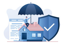 Home Insurance Service. Cottage, Businessman With Umbrella, Security Shield And Insurance Agreement Paper.